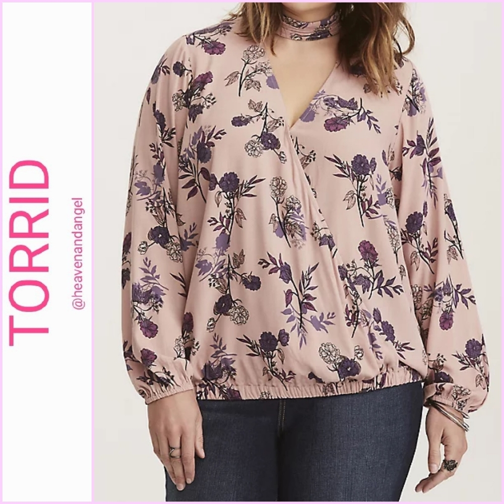 Torrid Floral Mock Neck Surplice Blouse